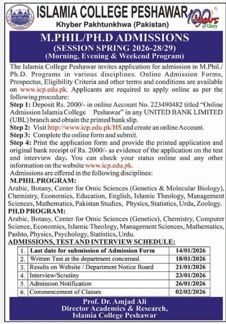 Admission notice for Islamia College Peshawar